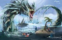 an image of a monster attacking another creature in the water with other creatures around it