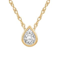 This 10k yellow gold pear shaped bezel pendant is an example of magical craftsmanship paired with dynamic design. The center round brilliant diamond is 1/10th carat yet appears to be even larger and more beautiful. Classic 14k Gold Teardrop Pendant Diamond Necklace, Classic 14k Gold Teardrop Diamond Necklace, Yellow Gold Teardrop Jewelry With Bezel Setting, Classic Bezel-set Teardrop Pendant Jewelry, Classic Teardrop Pendant Jewelry With Bezel Setting, Classic Teardrop Pendant With Bezel Setting, Yellow Gold Diamond Teardrop Pendant Necklace, Classic Yellow Gold Solitaire Teardrop Pendant Necklace, Diamond Teardrop Jewelry With Bezel Setting