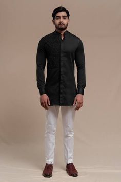 Buy Black Pure Cotton Smocked Kurta And Pant Set For Men by Runit Gupta Online at Aza Fashions. Black Kurta