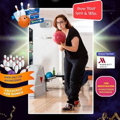 a woman holding a bowling ball in her right hand and bowling pins on the left