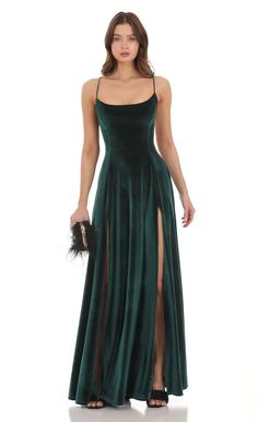 Velvet Double Slit Maxi Dress in Green | LUCY IN THE SKY Green Dress Formal, Double Slit Dress, Jewel Tone Dress, Green Wedding Dresses, Green Formal Dresses, Velvet Bridesmaid Dresses, Dark Green Dress, Emerald Green Dresses