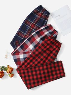 3pcs Tartan & Gingham Print Sleep Trousers | SHEIN UK Plaid Bottoms Outfit, Tartan Pants Outfit Women, Pijama Pants, Christmas Sleepover, Christmas Pyjamas, Tartan Pants, Pyjama Pants, Plaid Pajama Pants, Plaid Pajamas