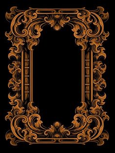 an ornate gold frame on a black background with the letter o in it's center