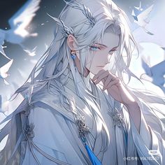 an anime character with white hair and blue eyes