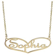 10 Karat Yellow Gold Sophia Name Pendant Necklace. This necklace features an elongated heart shape pendant with the name Sophia inside the heart in a cursive font. The chain is 18" long with 10K stamped near the lobster clasp. The total weight of the pendant necklace 2.19 grams. Sophia Name, A Cursive, Art Deco Pendant Necklace, Vintage Pendant Necklace, Name Pendant, Sweet Necklace, Necklaces Pendant, Cursive Font, Art Deco Pendant