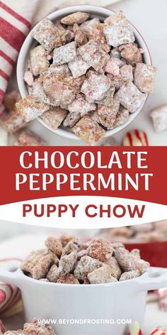 chocolate peppermint puppy chow in a white bowl