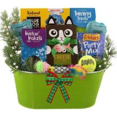 a green basket filled with lots of treats