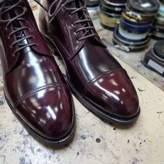 DRESS BOOTS IN CORDOVAN BURGUNDY | CARMINA Cordovan Shoes, Shades Of Burgundy, Leather Company, Mens Leather Boots, Western Work, Dress Boots, Shoe Tree, Goodyear Welt, Shoes Outlet