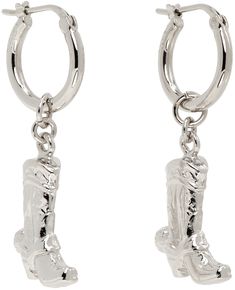 Pair of hoop earrings in silver-tone brass. · Graphic charm at drop · Hinged-post fastening · H1.5 x W0.5 Supplier color: Palladium Silver Dangle Hoop Earrings With Charms, Silver Metal Earrings With Charms, Silver Charm Hoop Earrings, Charm Small Hoop Metal Earrings, Silver Earrings With Charms, Metal Dangle Hoop Earrings With Charms, Silver Charm Earrings, Silver Hoops, Silver Hoop Earrings