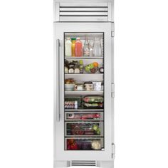 an image of a refrigerator with its doors open and food inside it on the shelves