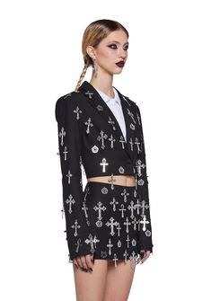 Idol Worship Cropped Blazer – Dolls Kill Edgy Long Sleeve Cropped Jacket For Party, Idol Worship, Crop Blazer, Black Doll, Cropped Blazer, Goth Outfits, Kpop Outfits, Black Blazers, Dolls Kill