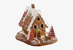 a gingerbread house with trees and snow on the roof is shown in front of a white background