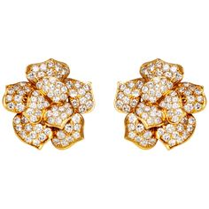 Finely crafted in 18k yellow gold with round cut diamonds weighing approximately a total of 10.00 carats. Circa 1980s Diamond Flower Earrings, Metallic Earrings, Pave Jewelry, Thread Earrings, Ear Rings, Themed Jewelry, Flower Tops, Diamond Flower, Flower Clip