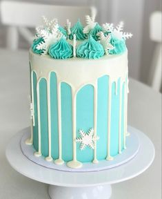 a frosted cake with blue icing and snowflakes on top is sitting on a plate