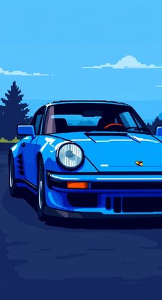 a blue sports car is driving down the road