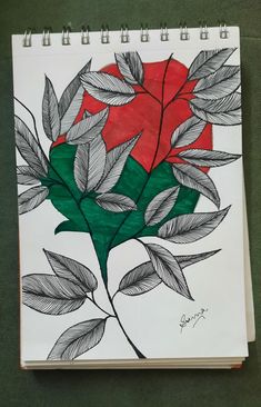 a drawing of leaves and a red flower on a white notebook with green trimmings