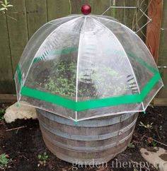 an umbrella is placed on top of a barrel in the ground near a wooden fence