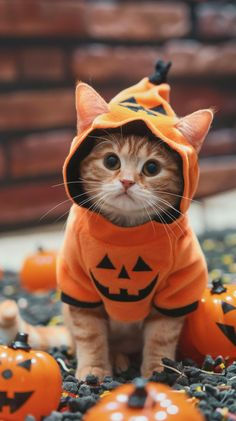 a cat dressed up in a pumpkin costume