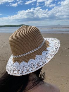 Unique design handcrafted summer hat with embroidered lace detailing. Hat dimensions: one size, adjustable, brim 7cm Baby Charts, Baby Chart, Crocheted Hats, Straw Hat Beach, Straw Hats, Sun Hats For Women, Summer Hat, Beach Hat, Boho Stil