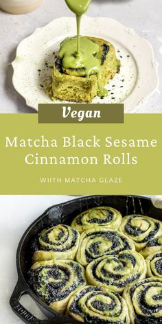 vegan matcha black sesame cinnamon rolls with matcha glaze in a cast iron skillet