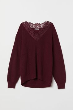 Long-sleeved sweater in rib-knit cotton with lace details. V-neck with lace trim  dropped shoulders  and ribbing at cuffs and hem. Sweater With Lace, Dream Clothes, Fashion Sense, Aesthetic Clothes, Pretty Outfits, Fashion Inspo Outfits, Long Sleeve Sweater, Knit Sweater, Knitted Sweaters