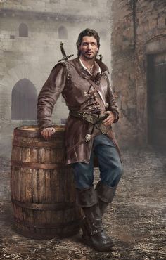 a painting of a man standing next to a barrel