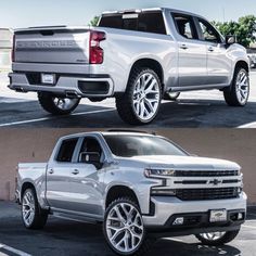 two pictures of the same truck in different colors and sizes, one is silver and the other is white