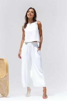 Lasaky - Cotton Linen Sleeveless Button-Up Vest with Nine-Point Wide Leg Pants and Double Slant Pockets - Casual Leisure Set Printed Jumpsuit, Casual Skirts, Sleeveless Tank, Sleeveless Tank Top, Two Piece Outfit, Cropped Pants, Cotton Linen, A Line Skirts, Wide Leg Pants