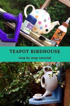 the teapot birdhouse is made from an old chair