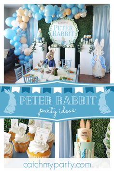 peter rabbit birthday party with blue and white decorations