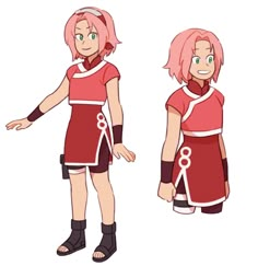 an anime character with pink hair and red dress, standing in front of the camera