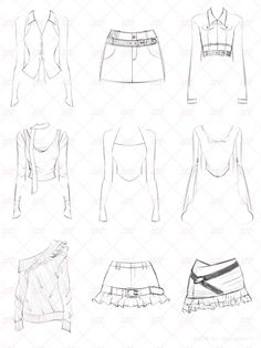 sketches of different types of clothing for women, including skirts and tops with ruffles