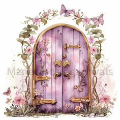 an illustration of a purple fairy door with flowers and butterflies around it, painted in watercolor