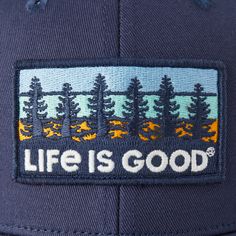 Hit the road or the nearest hike in our Trucker, the perfect companion for outdoor adventures near or far. 100% Cotton 8.26 oz. Structured front with firm mesh back Snapback with Life is Good® label on the back Six panel structured low-mid crown with six rows of stitching on the brim. Imported | Life is Good Tree Patch Hard Mesh Back Cap in Darkest Blue Mens Life, Steamboat Willie, Casual Trends, Graphic Tees Vintage, Matching Tees, Back Women, Men Fits, Children In Need, Logo Tees