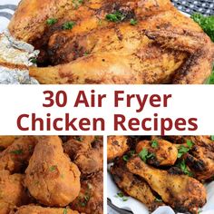 the cover of 30 air fryer chicken recipes is shown in four different pictures, with text overlay