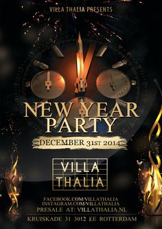 a new year party flyer with gold and black decorations on the front, and fireworks in the background