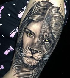 a woman's arm with a lion tattoo on it and an image of a cat