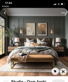 a bed room with a neatly made bed and two lamps