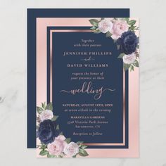 a wedding card with pink flowers and greenery on the front, along with navy blue border