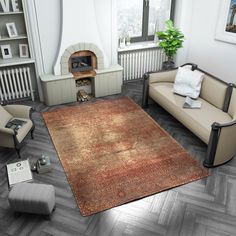 a living room with two couches and a rug on the floor in front of a fireplace