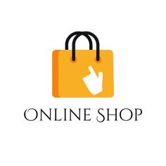 an orange shopping bag with the word online shop on it and a hand pointing up