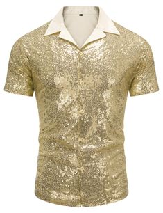 PRICES MAY VARY. Stretchy Material- This mens disco top is made of 100% polyester, which is a stretchy material that provides comfortable wear throughout the day. The breathable lined mesh helps keep you cool, making it suitable for wearing in various settings. Additionally, it is easy to put on and take off. FULL SEQUIN COVERED DESIGN - AstoSeu Mens short sleeve full sequin shirts has a contrast collar, five buttons closure,relaxed fit design.Full sequins with soft mesh lining protecting skin f 70s Disco Costume, Golden Outfit, Dress Shirt For Men, Sparkle Shorts, Lapel Design, Disco Shirt, Party Attire