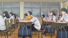 an anime classroom with many students sitting at desks and one person holding a cat