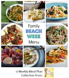 the family beach week menu is shown in many different pictures, including food and drinks