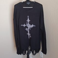 Dollskill Widow L/Xl Black Long-Sleeved Oversized Distressed Sweater Cross With Roses Heavy Dropped Shoulders Oversized Long Sleeve Gothic Top, Gothic Oversized Long Sleeve Tops, Cross With Roses, Distressed Sweater, Oversize Sleeves, Billabong Women, Floral Sweater, Floral Knit, Cable Sweater