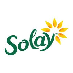 the logo for solay is shown in green and yellow letters on a white background