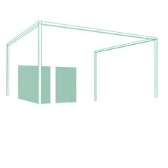 a line drawing of an outdoor structure with two doors and one side open to the outside