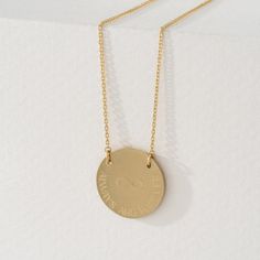 solid Yellow gold engravable Brushed Disc Necklace Minimalist Engraved Infinity Jewelry, Modern Yellow Gold Round Disc Jewelry, Modern Engraved Round Necklace, Modern Engraved Necklace, Modern Round Engraved Necklace, Gold Engraved Infinity Necklace, Gold Infinity Necklace With Engraving, Gold Infinity Necklace Engraved, Round Disc Cable Chain Jewelry Gift