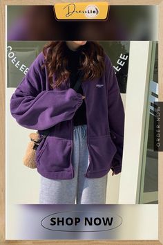 Women Plus Fleece Hoodies Autumn Streetwear Zip-up Oversize Sweatshirt Jacket Trendy Solid Pocket Turn-down Collar Women Outwear Autumn Streetwear, Oversize Sweatshirt, Zipper Hoodies, Velvet Sweatshirt, Lapel Jacket, Outwear Women, Loose Long Sleeve, Harajuku Streetwear, Oversized Sweatshirt