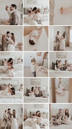 a collage of photos with people and babys in white outfits on a bed